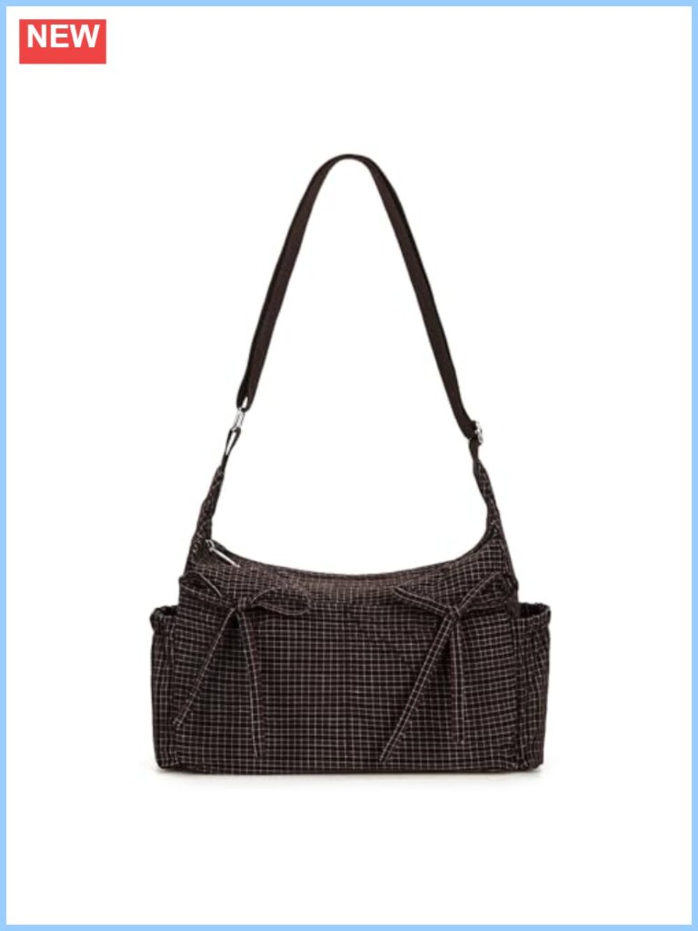 Plaid Bow Crossbody Bag Soft Canvas Messenger Purse Zipper Handbag Adjustable